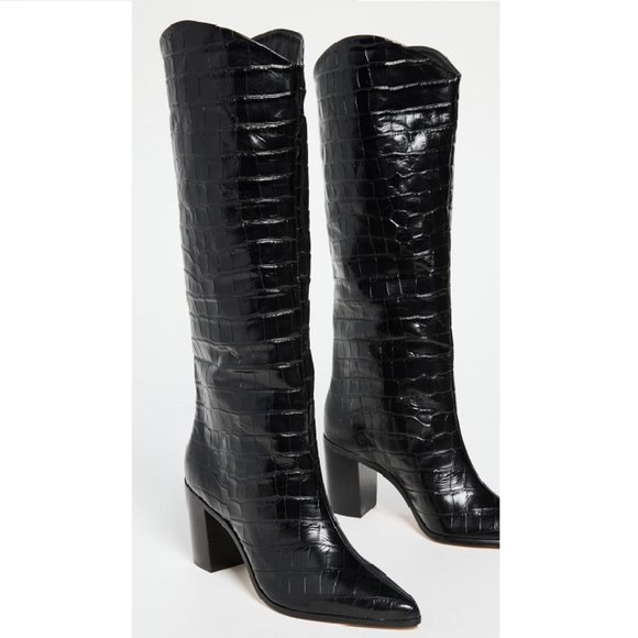 SCHUTZ Analeah Boots Sz 7 NEW Crocodile Cowboy Patent Leather Black Western - Picture 2 of 4